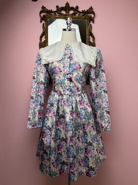 Vintage 90s Floral Pilgrim Bib Collar Long Sleeve Dress 16.5